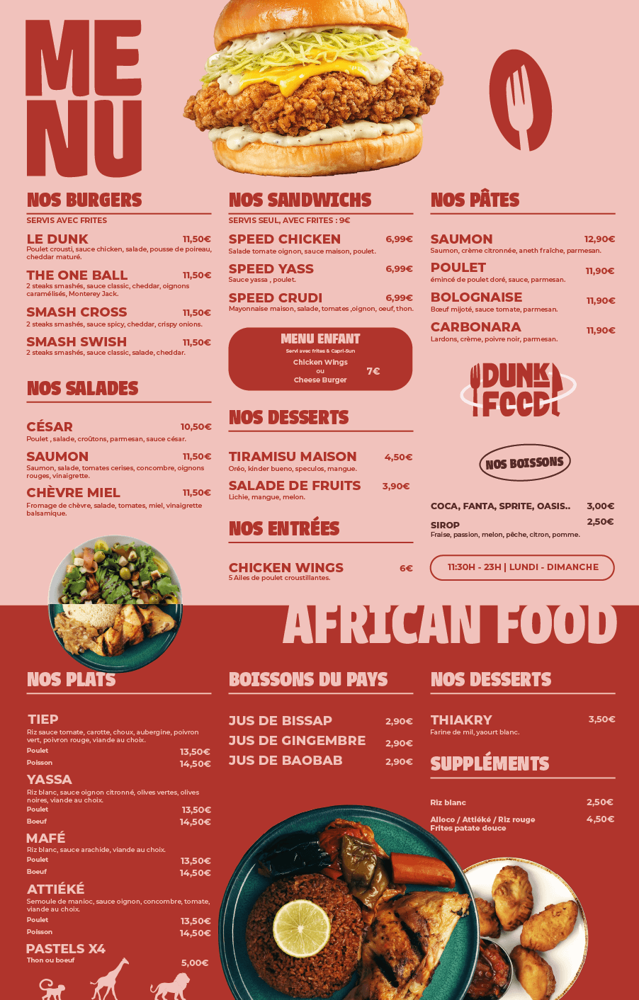 Menu imprimé Dunk & Food — design par Kanae Studio